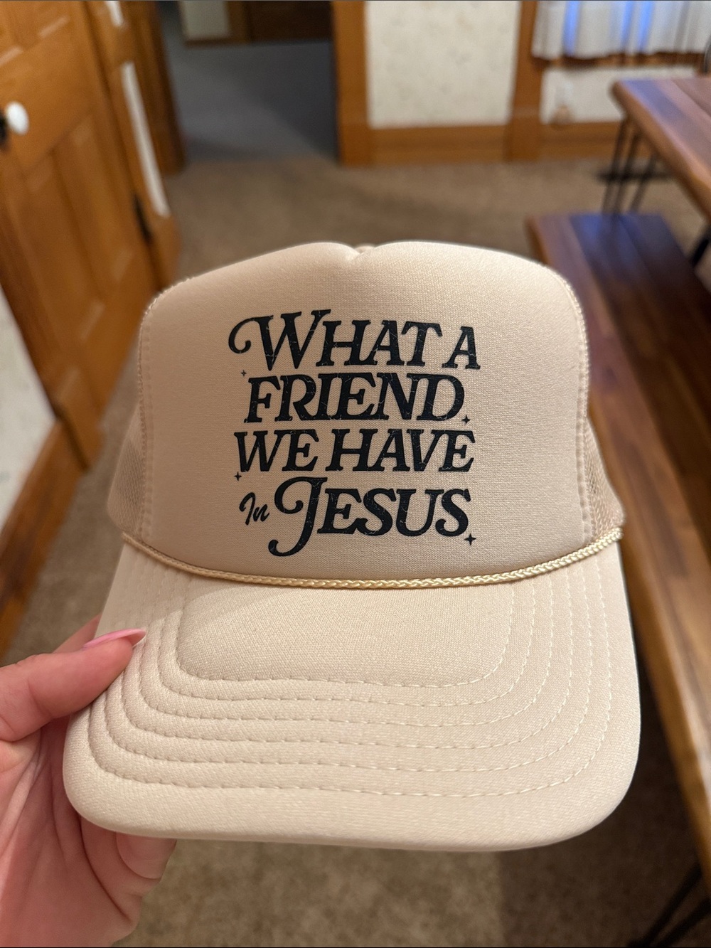 Beige Trucker Hat "What a Friend We Have in Jesus"